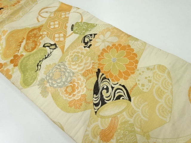 アンティーク　蒔絵に鼓胴・草花模様織出し名古屋帯（材料）